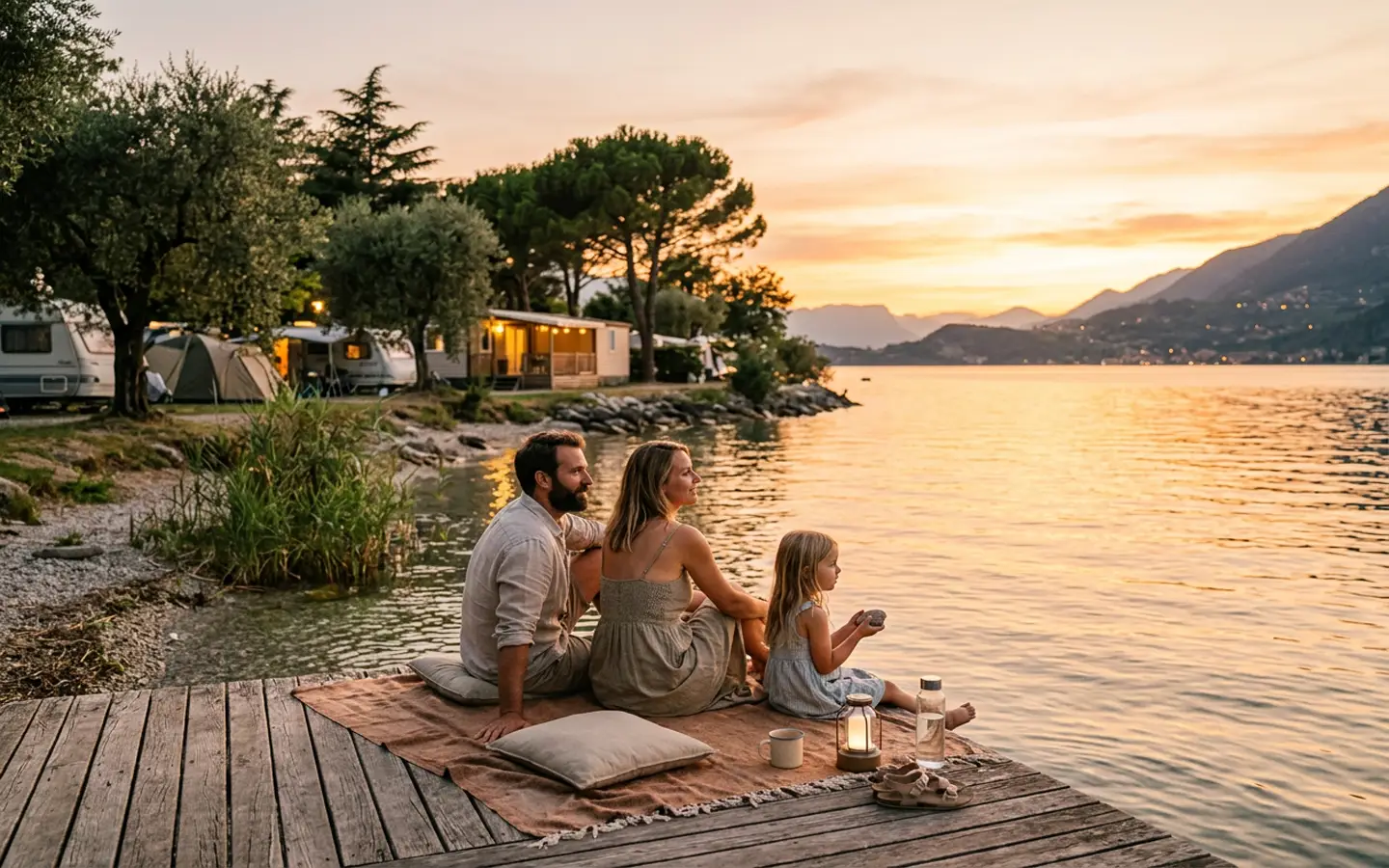 Sonnenuntergang am Gardasee mit Campingatmosphäre am Ufer
