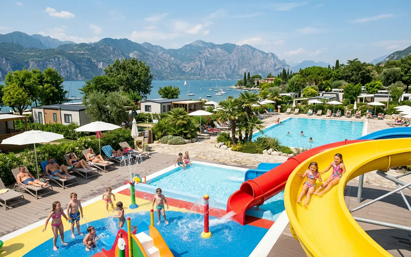 Familie in einem modernen Camping-Aquapark am Gardasee mit Wasserrutschen und Pools