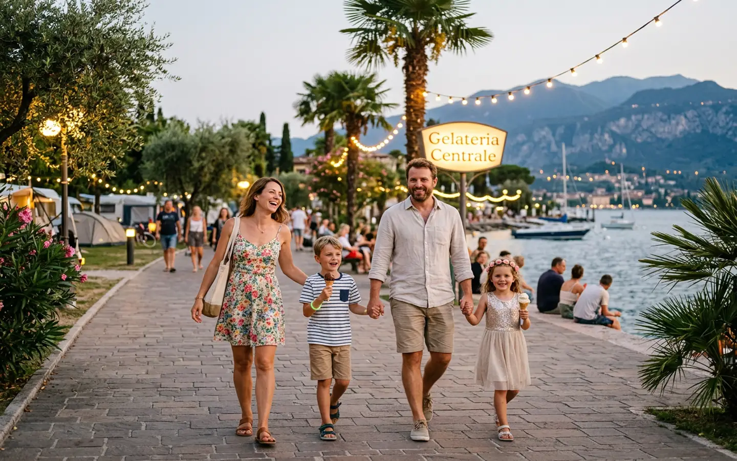 Familie mit Kindern holt nach der Mini-Disco am Gardasee ein Eis bei warmem Abendlicht