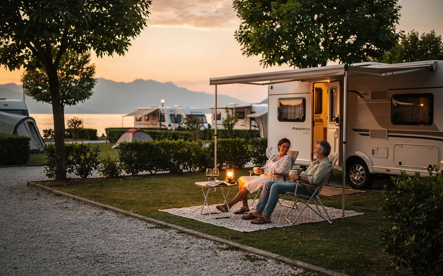 Entspannter Campingabend auf einer grünen Parzelle am Gardasee