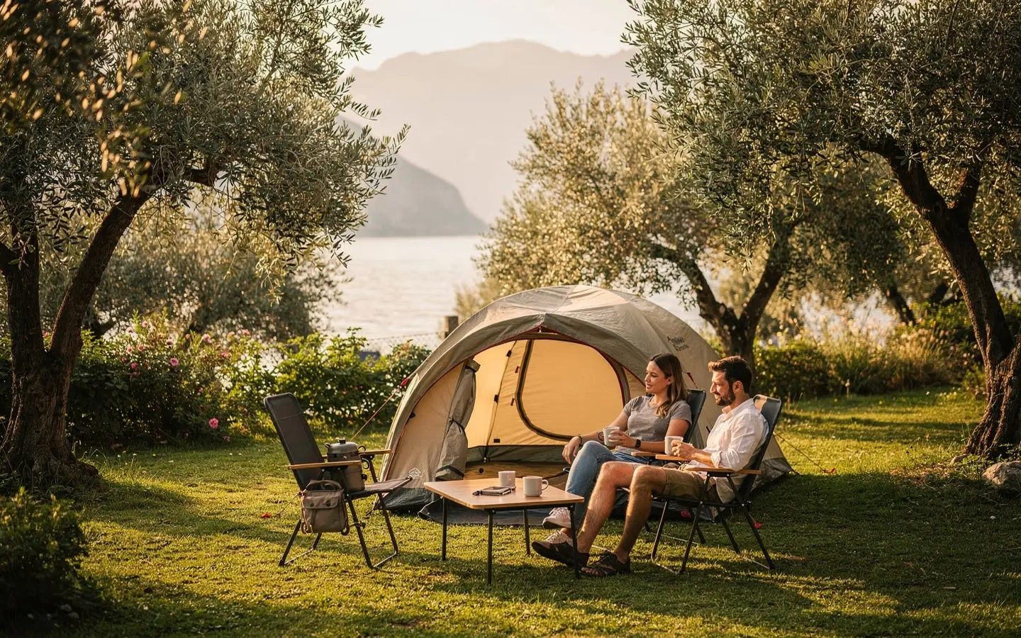 Früher Morgen vor einem Zelt auf einem Campingplatz am Gardasee