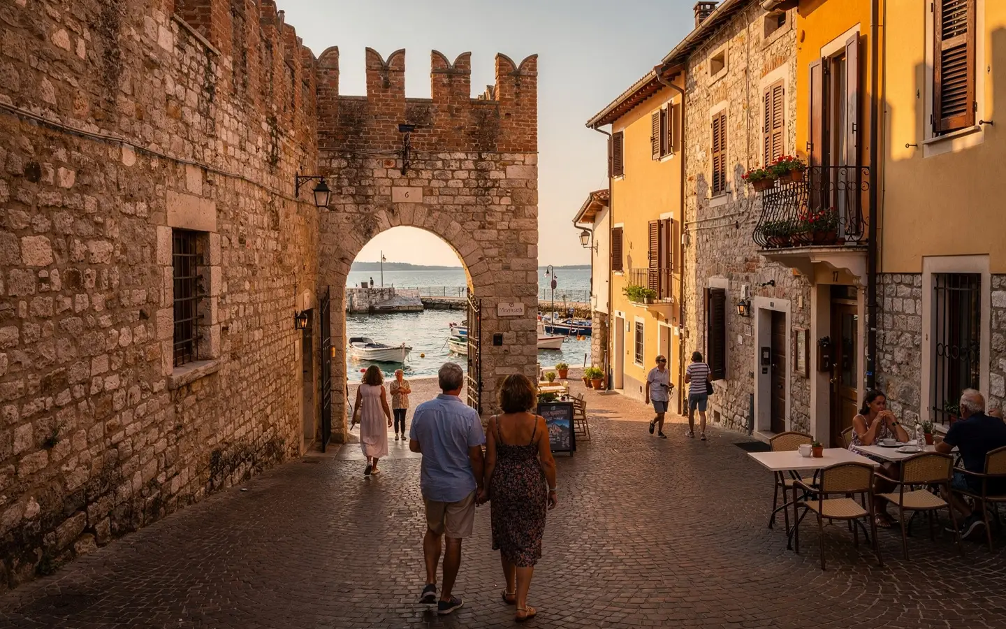 Evening walk through the medieval walls towards the old harbour of Lazise