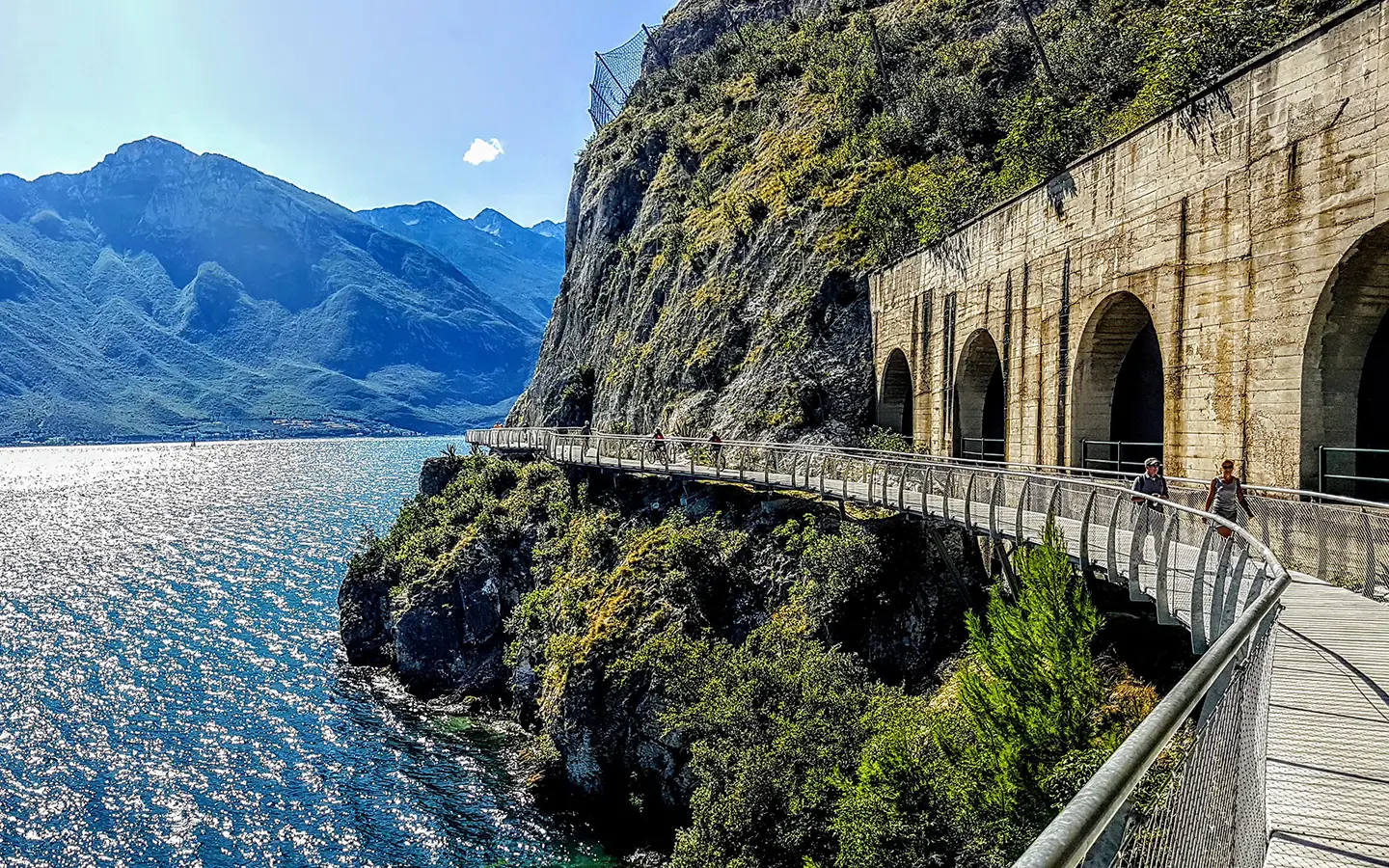 Cycle and pedestrian path from Limone sul Garda attached to cliffs above Lake Garda