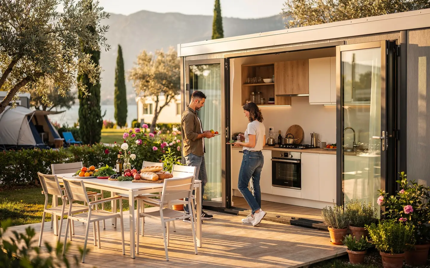 Italienische Lebensmittel und gemeinsames Kochen vor einem Mobilheim am Gardasee