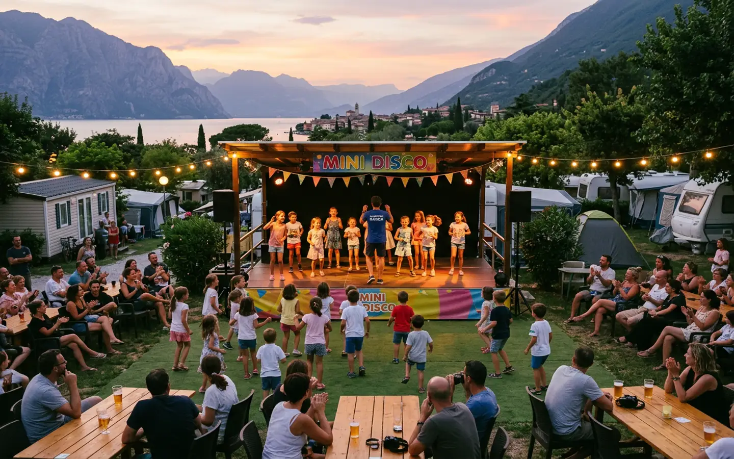 Familienabend auf einem Campingplatz am Gardasee mit kleiner Bühne und Lichterstimmung