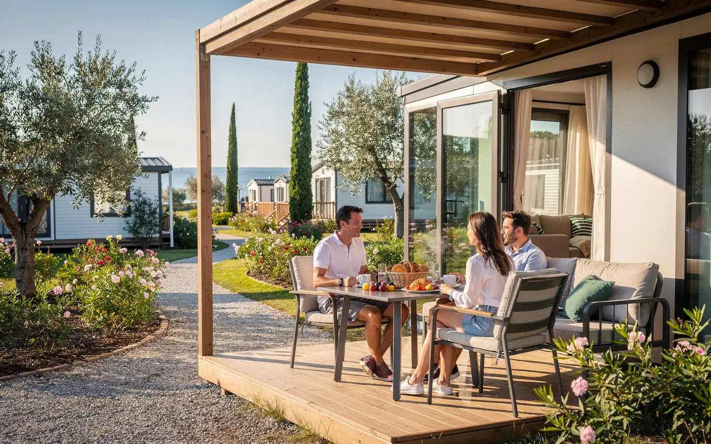 Familie beim Frühstück auf der Terrasse eines Mobilheims am Gardasee