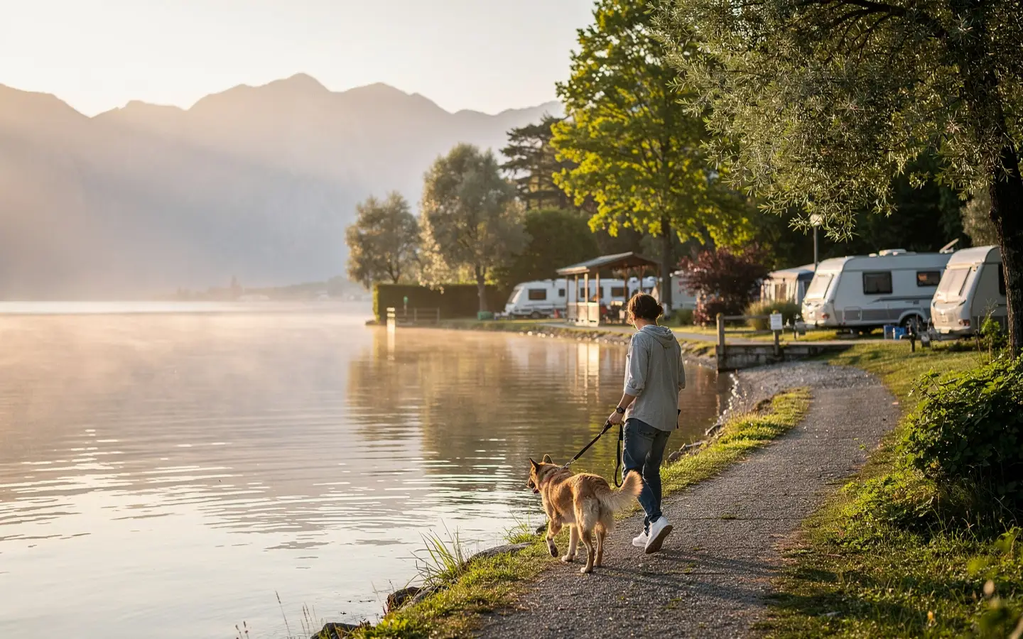 Spaziergang mit Hund am ruhigen Gardasee am frühen Morgen