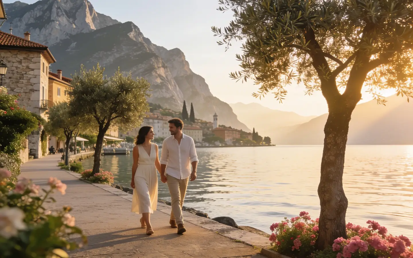 Morning on the Rivalunga promenade between Bardolino and Garda with cyclists beside Lake Garda