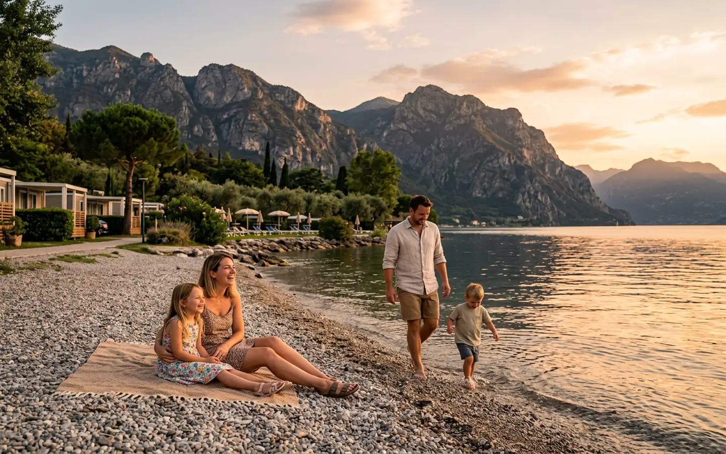 Familie am Abend am Gardasee nach einem Tag im Pool