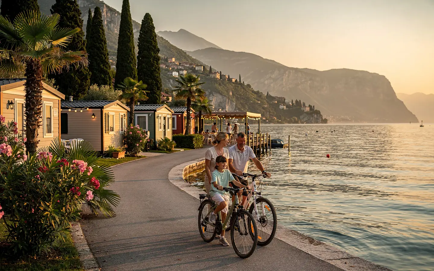 Familie mit Fahrrädern auf einer Gardasee-Uferpromenade am Abend