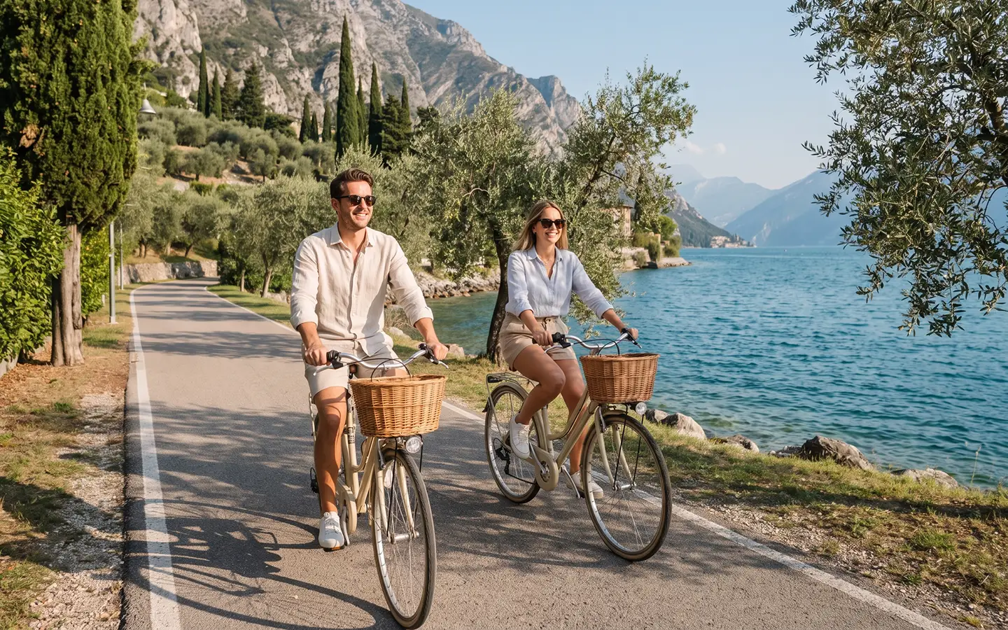 Radfahrer auf dem flachen Uferweg von Brenzone sul Garda direkt am Gardasee
