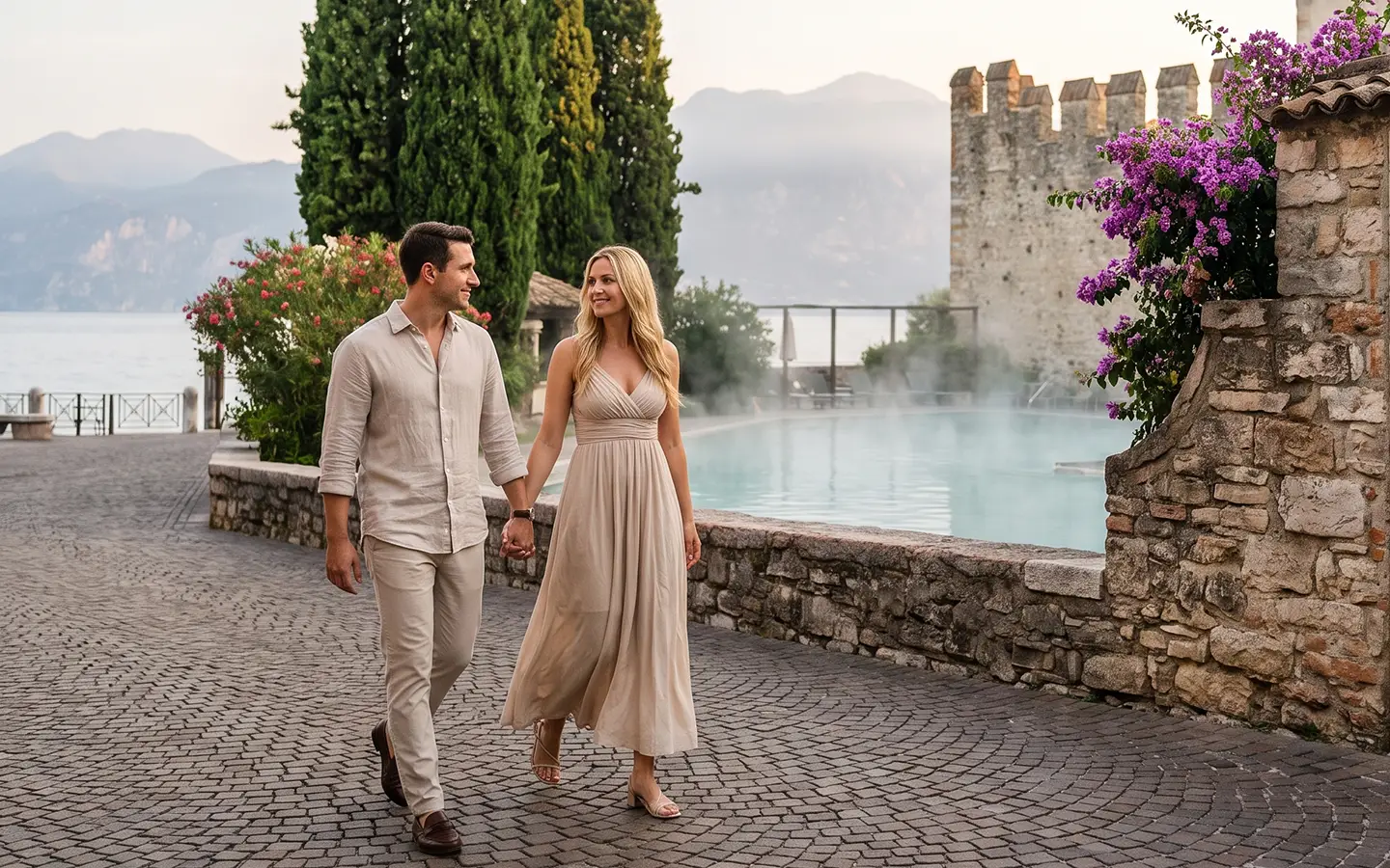 Früher Morgen an der Scaligerburg von Sirmione auf der Gardasee-Halbinsel