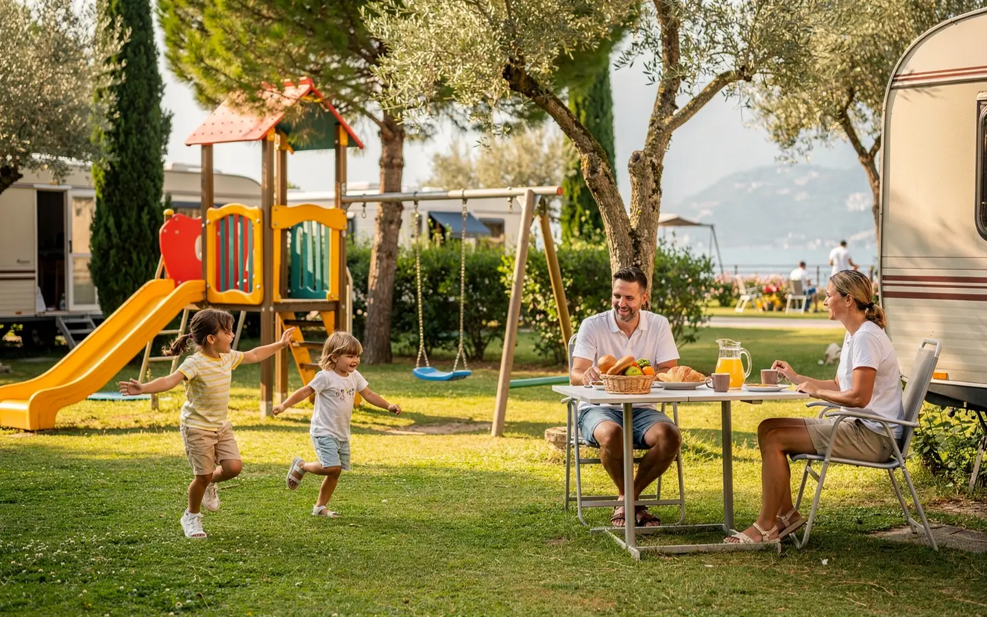 Kinder spielen am frühen Morgen auf einem Campingplatz am Gardasee, während die Eltern das Frühstück vorbereiten