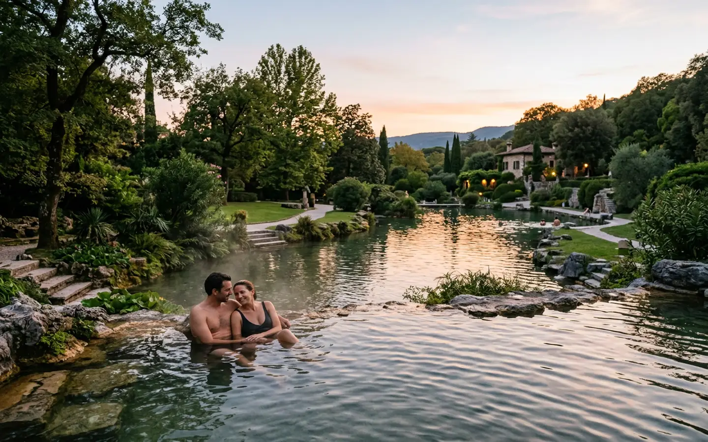 Thermal lake in Parco Termale del Garda near Colà di Lazise in the evening